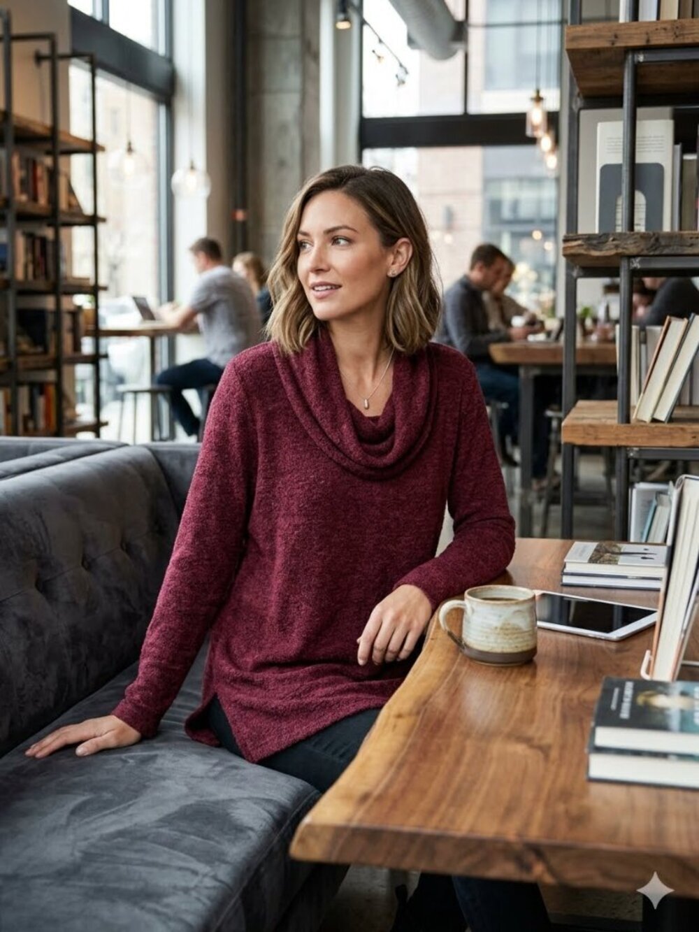 Chico's Size 2/Large Burgundy Long Sleeve Cowl Neck Cozy Textured Knit Tunic Top